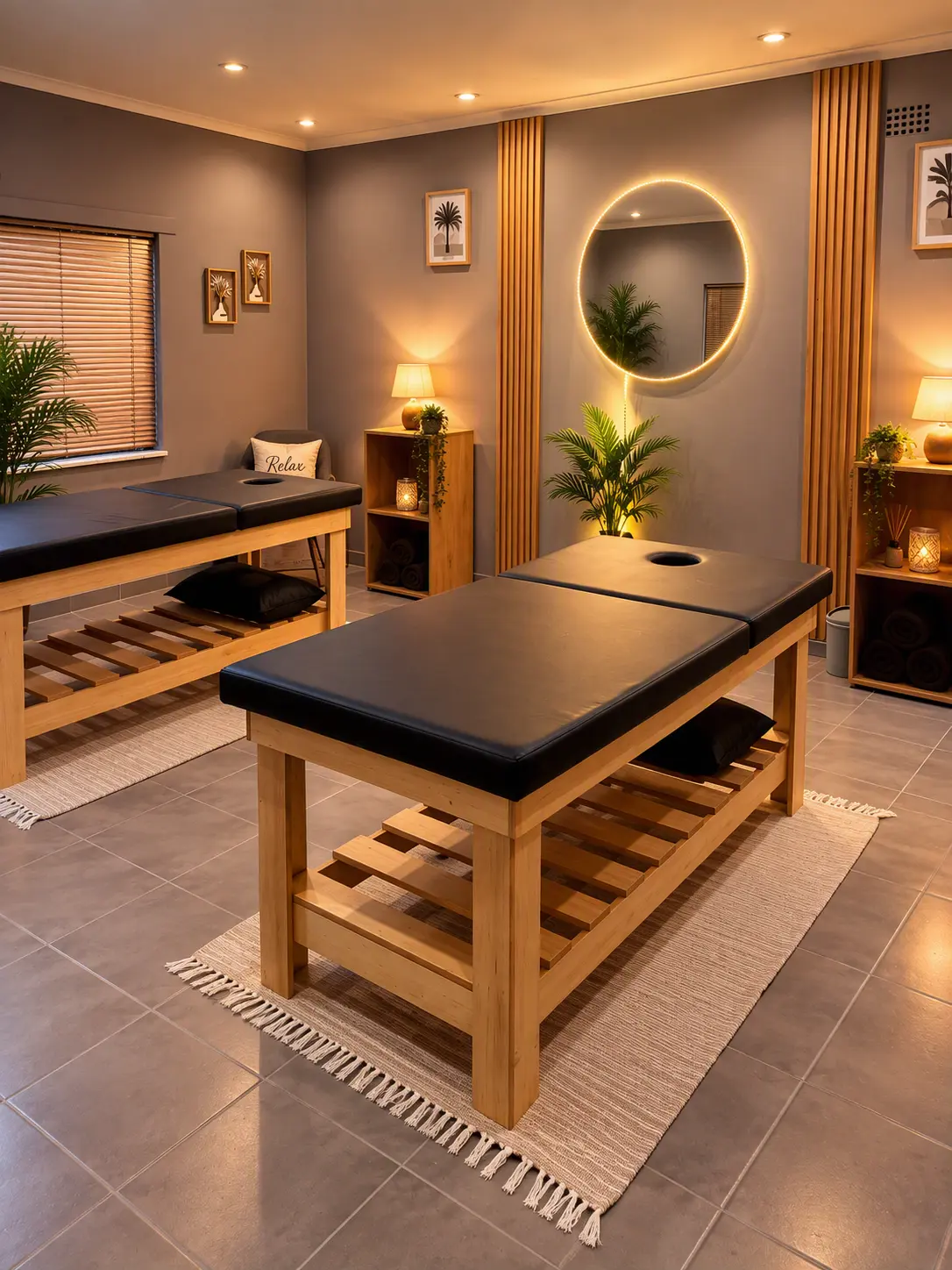 Massage Emporium treatment suite with two wooden massage tables and an illuminated round mirror