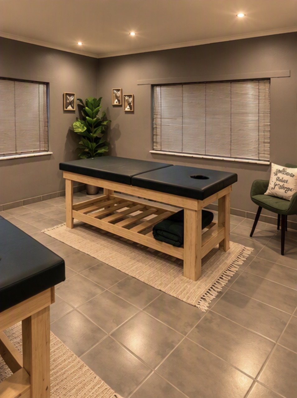 Treatment room with wooden massage beds, soft rug and plant