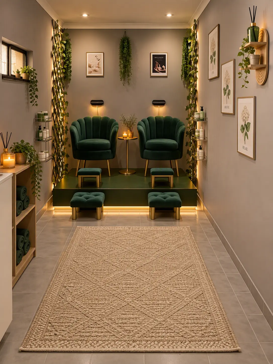Raised lounge with deep-green chairs and footrests at Massage Emporium