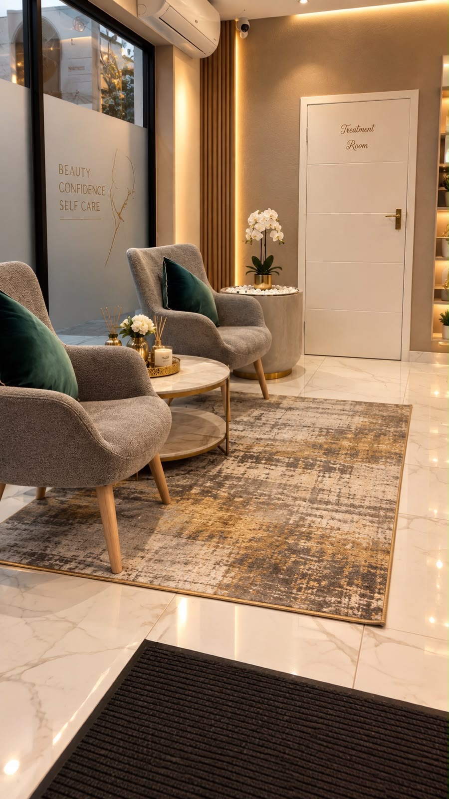 Relaxing waiting area with velvet armchairs, marble table and 'Beauty Confidence Self Care' window
