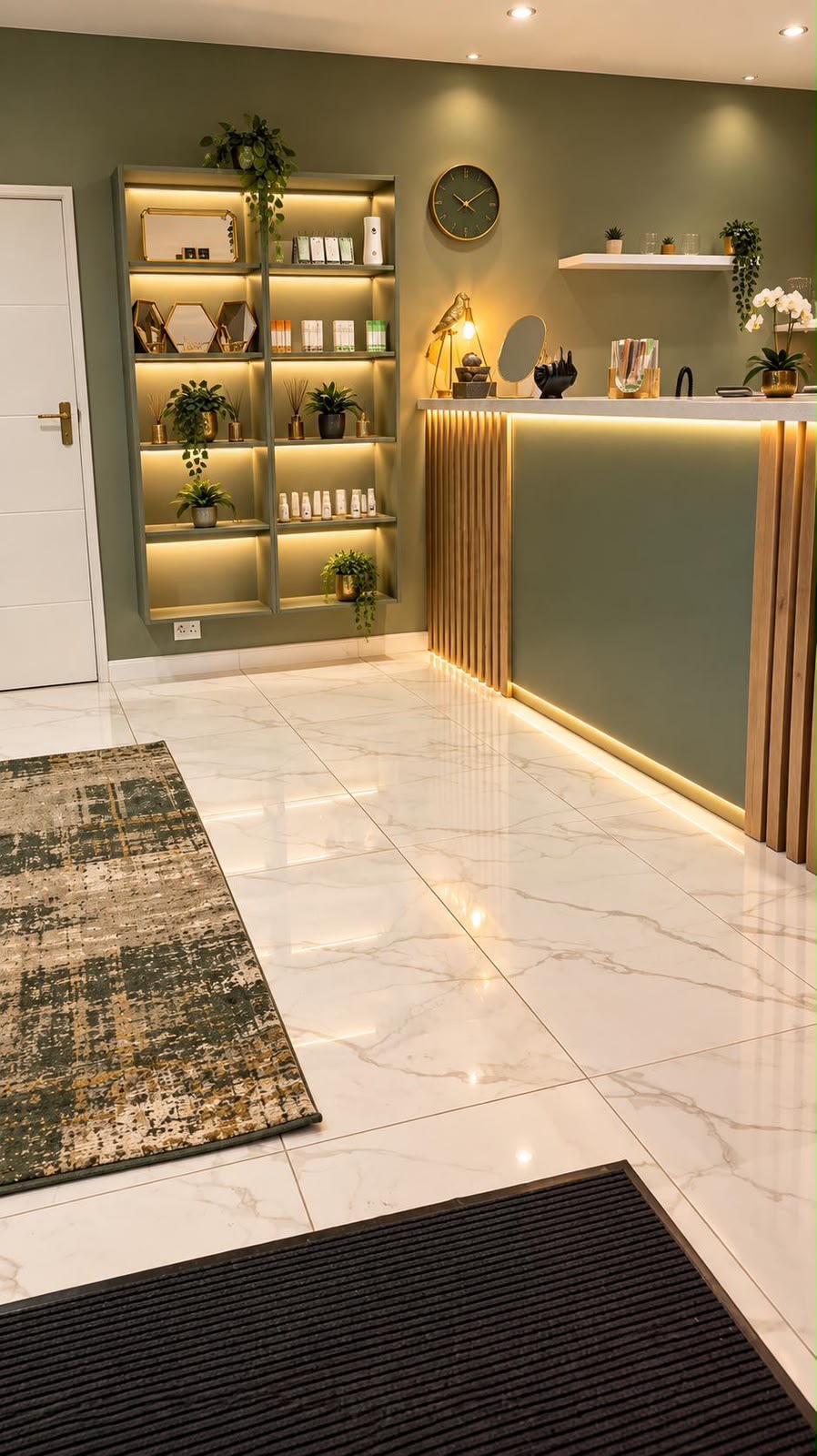 Beauty Emporium reception desk with sage green panels, backlit shelving and gold accents