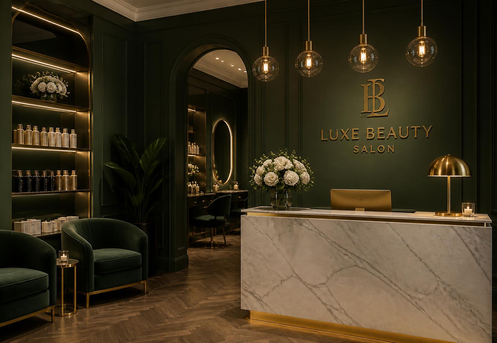 Beauty Emporium reception with sage green walls and gold accents