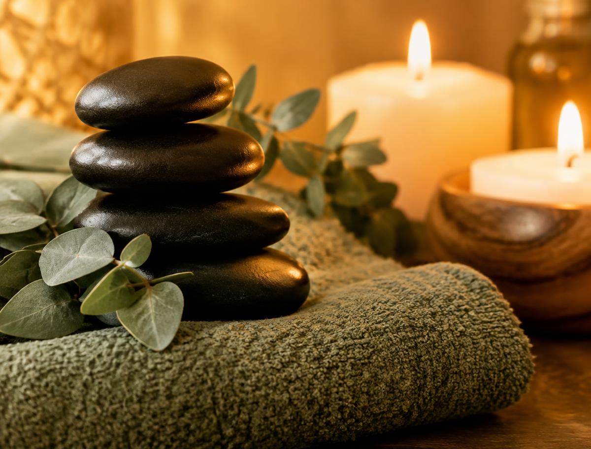 Warm basalt hot stones with eucalyptus and candles