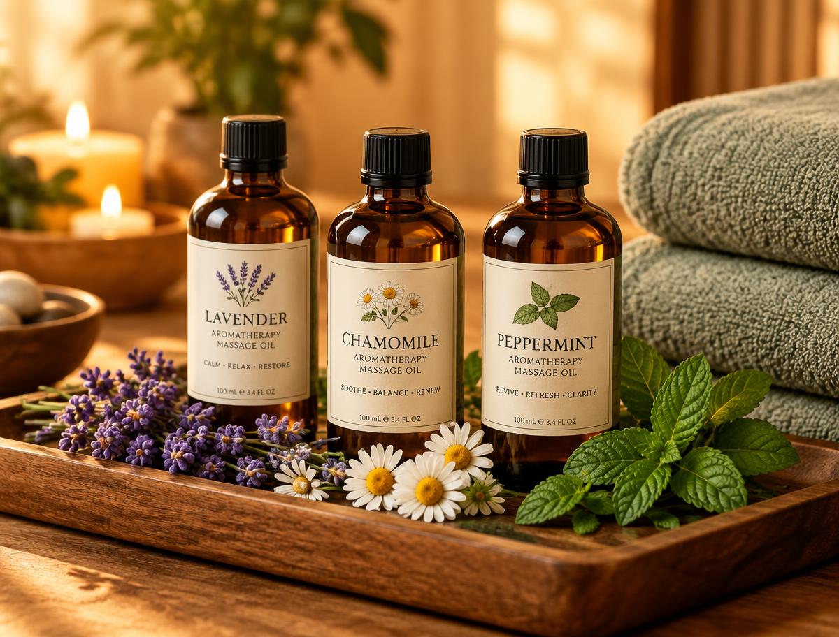 Lavender, chamomile and peppermint aromatherapy oils