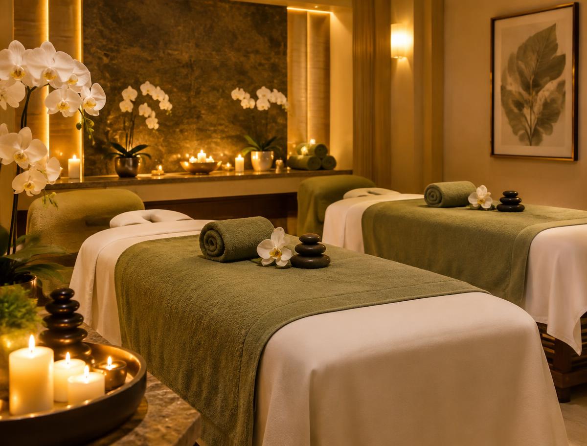 Candlelit massage room with sage green towels and spa stones